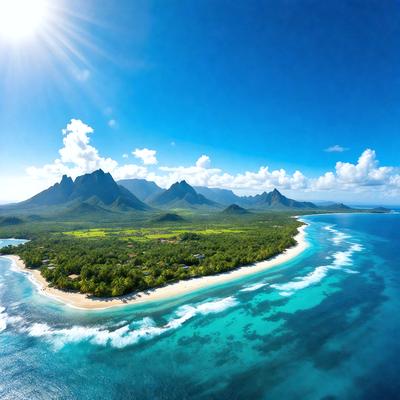 The image features a beautiful tropical island with a sandy beach and lush greenery. The primary subject is the island, which is surrounded by a clear blue ocean. The setting includes a mountainous landscape, adding to the picturesque scenery. The visual style is a photo, capturing the vibrant colors and natural beauty of the island. The overall atmosphere is serene and inviting, making it an ideal vacation destination.